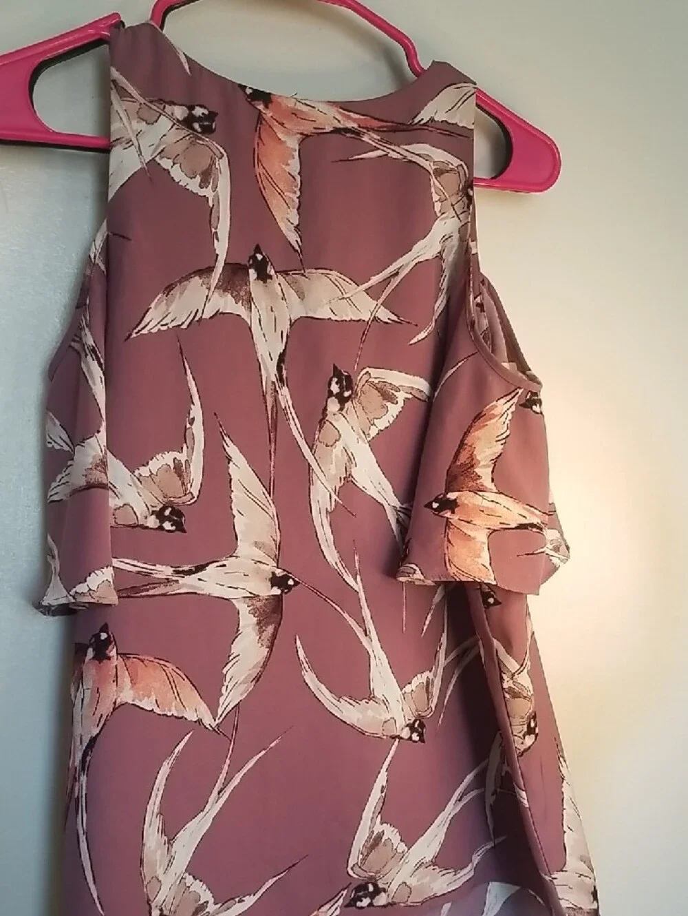 Ann Taylor Mauve Cold-Shoulder Bird-Print Blouse